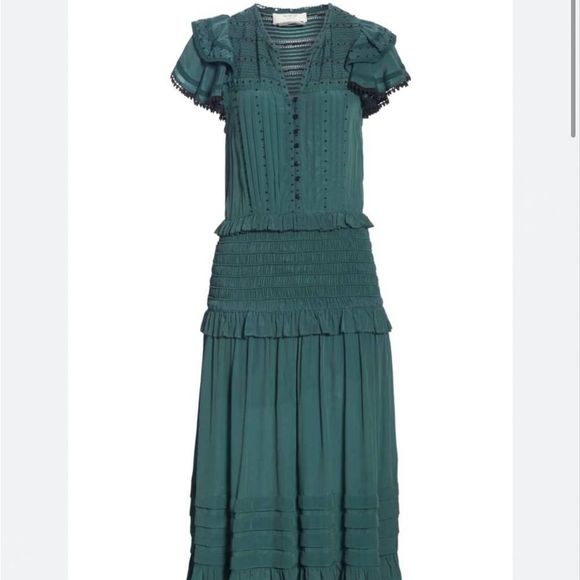 Sea New York Azzedine Flutter Sleeve Smocked Midi Dress Emerald - Picture 2 of 15
